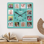 Horloge Carrée Modern 12 Photo Collage Famille Temps Citation Tur<br><div class="desc">"Améliorez votre décor de maison avec une horloge turquoise contemporaine avec photo collage avec la citation familiale chaleureuse "Chaque moment passé avec la famille est inestimable". Customisez-le en ajoutant 12 photos de famille chères. Apportez une touche personnelle à votre espace avec cette pièce unique et inspirante."</div>