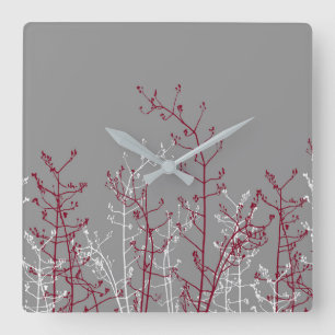 Horloge Carrée Modern Abstract Elegant Burgundy Flowers on Grey