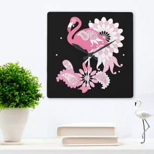 Horloge Carrée Modern Black Paisley Pink Flamingo