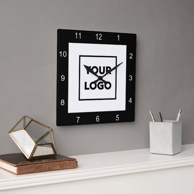 Horloge Carrée Modern Custom Business Logo Black White (Bureau)