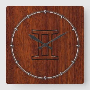 Horloge Carrée Modern Gemini Zodiac Symbol on Mahogany like print