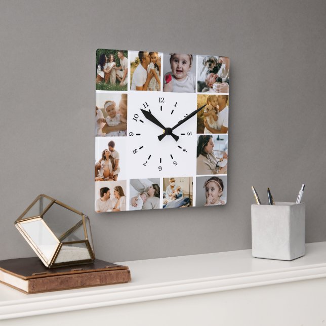 Horloge Carrée Modern Minimalist  Custom Photo Collage Family (Bureau)