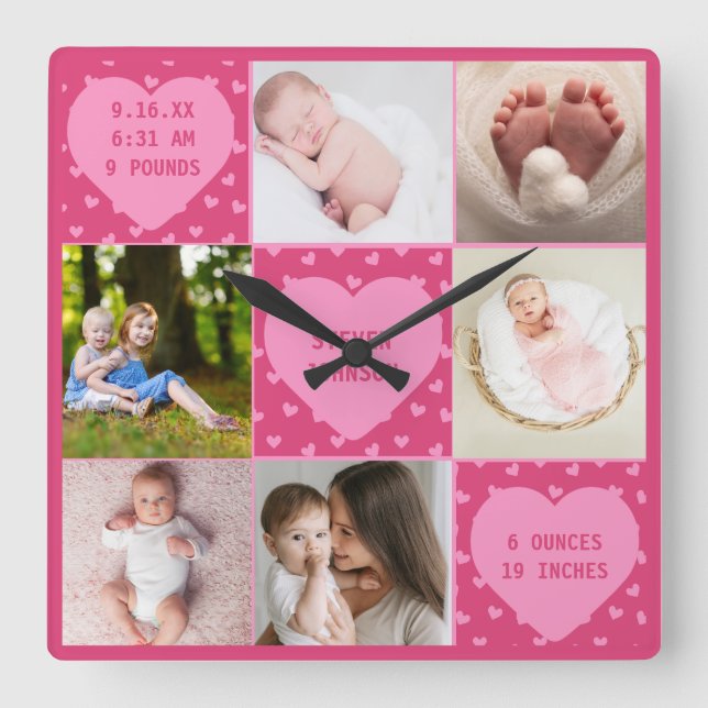 Horloge Carrée Modern Newborn Baby Personalized 6 Photo Collage  (Recto)