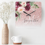 Horloge Carrée Modern Pink Glitter & Flower Sparkle With Name<br><div class="desc">Modern Pink Glitter & Flower Sparkle With Name</div>