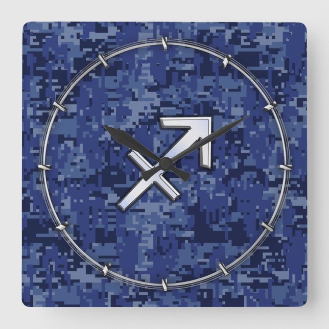 Horloge Carrée Modern Sagittarius Zodiac Sign Navy Digital Camo (Recto)