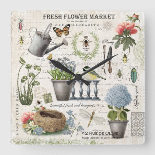 Horloge Carrée Modern Vintage french farmhouse flower garden