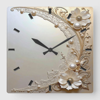 Horloge Carrée Modern White Flowers Pearls Wall Clock