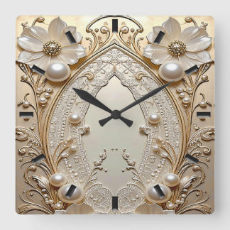 Horloge Carrée Modern White Flowers Pearls Wall Clock