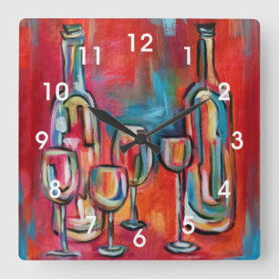 Horloge Carrée Modern Wine Bottles and Glasses Painting