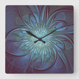 Horloge Carrée Moderne Abstrait tendance Fleur bleue Fractal Art