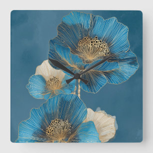 Horloge Carrée Moderne Art Poppy Botanical ligne dorée bleue
