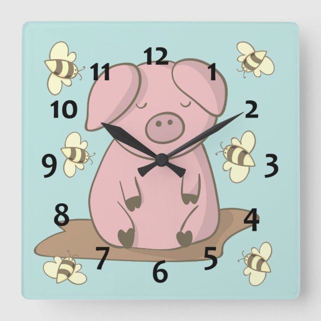 Horloge Carrée Moderne Cute mignon miel de porc abeille coloré (Recto)