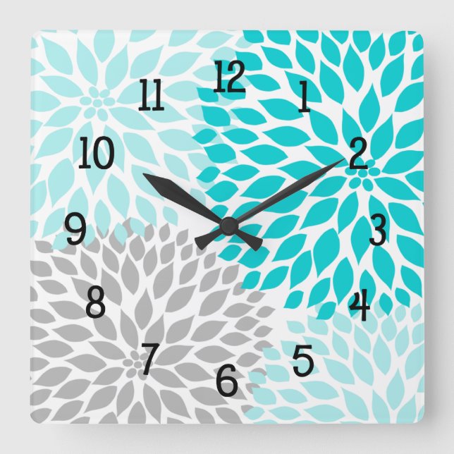 Horloge Carrée Moderne Dahlia fleurs turquoise bleu gris gris gri (Recto)