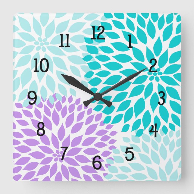 Horloge Carrée Moderne Dahlia fleurs turquoise lavande violet (Recto)