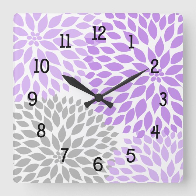 Horloge Carrée Moderne Dahlia fleurs violet lavande gris gris gri (Recto)