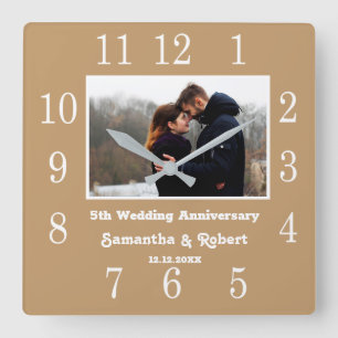Horloge Carrée Moderne Photo de 5ème Anniversaire de Mariage Bois