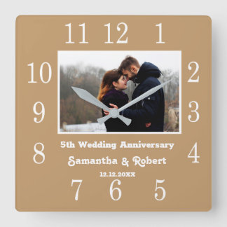 Horloge Carrée Moderne Photo de 5ème Anniversaire de Mariage Bois
