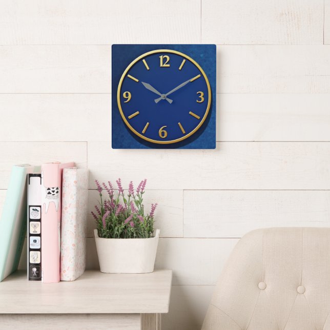 Horloge Carrée Moderniste Bleu + Or (Salle de lecture)
