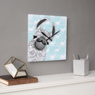 Horloge Carrée Moma Llama avec Motif Cloud Llama blanc