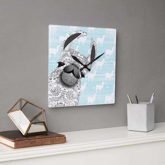 Horloge Carrée Moma Llama avec Motif Cloud Llama blanc (Bureau)