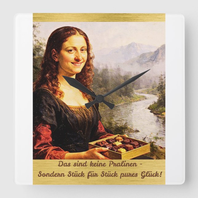 Horloge Carrée Mona Lisa aime les chocolats (Recto)