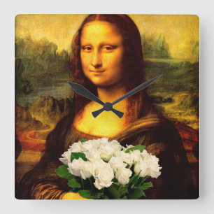 Horloge Carrée Mona Lisa Avec Bouquet De Roses Blanches
