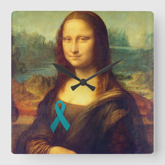 Horloge Carrée Mona Lisa Avec Ruban Turquoise (Recto)