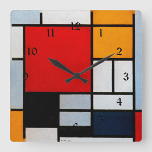 Horloge Carrée Mondrian - Composition avec grand plan rouge
