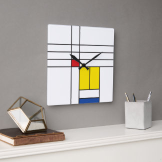 Horloge Carrée Mondrian II Design d'Art Moderne Minimaliste De St