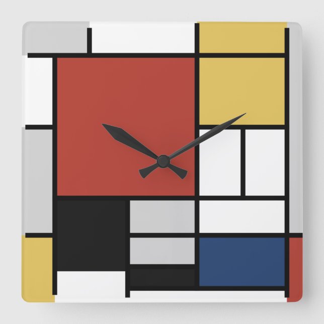 Horloge Carrée Mondrian Peinture Rouge Plane Jaune Noir Gris Bleu (Recto)