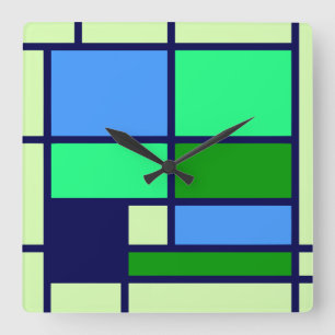 Horloge Carrée Mondrian style blue green