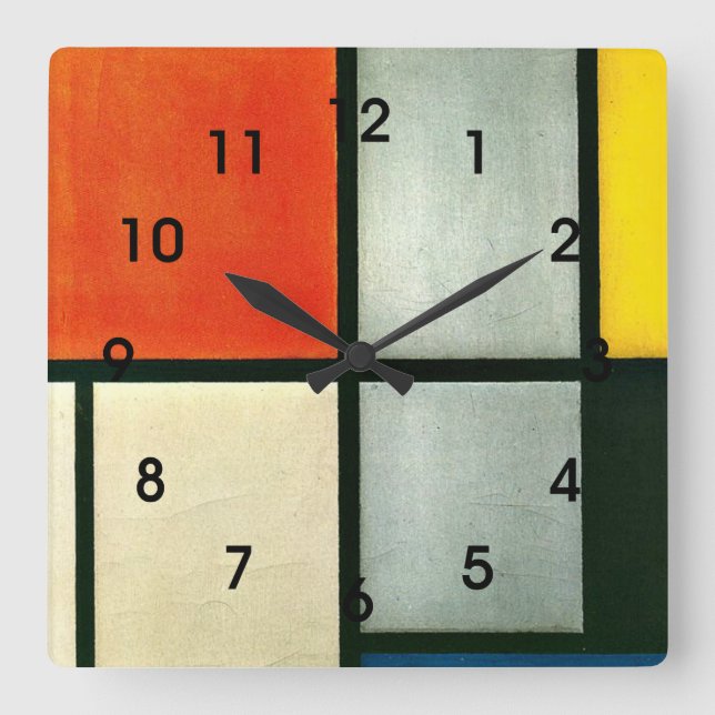 Horloge Carrée Mondrian - Tableau 3 avec Orange-Rouge, Jaune... (Recto)