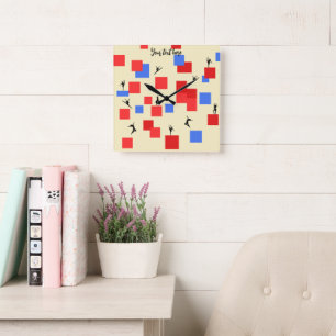 Horloge Carrée Mondrian's Dancing Cubes Blue Red Light Arrière -