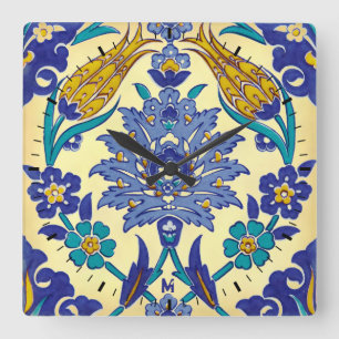 Horloge Carrée Monogram Azulejo Céramique Style Ornement Vintage