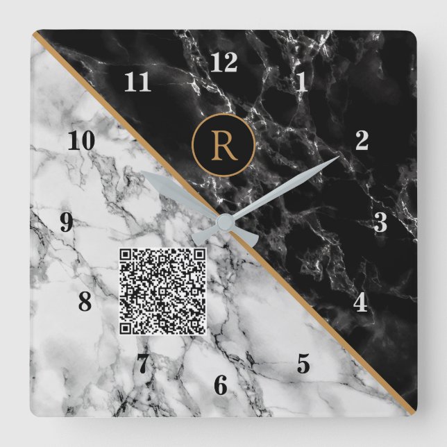 Horloge Carrée Monogram Clock Your Code QR - Black White Marble (Recto)
