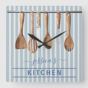 Horloge Carrée Monogram Cook Kitchen Watercolor Utensils