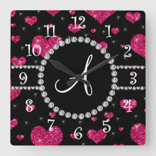 Horloge Carrée Monogram hot pink glitter hearts black diamonds