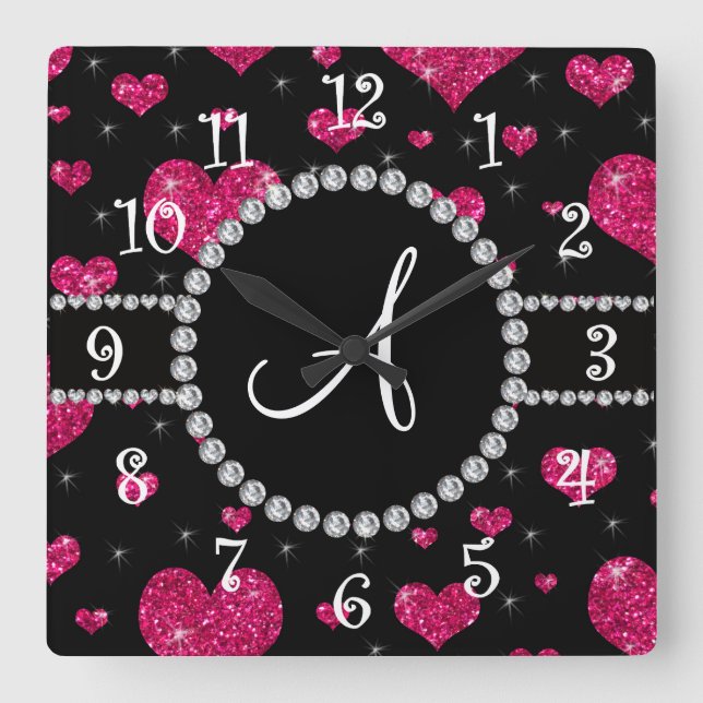 Horloge Carrée Monogram hot pink glitter hearts black diamonds (Recto)
