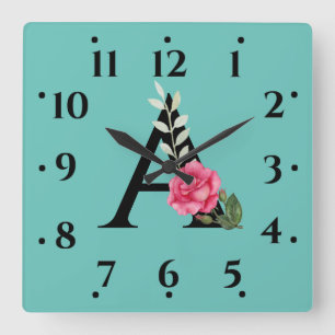 Horloge Carrée Monogram Initial Letter A dans le rose blanc