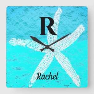 Horloge Carrée Monogram Initial Teal Turquoise Pastel Starfish