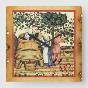 HORLOGE CARRÉE MONOGRAM MEDIEVAL GRAPE VINEYARD HARVEST PARCHMENT
