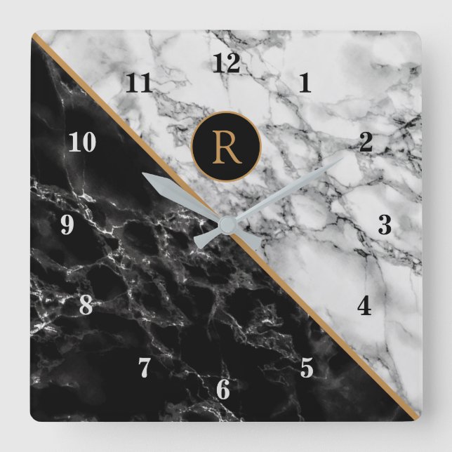 Horloge Carrée Monogram Wall Clock with Black White Marble Stone (Recto)