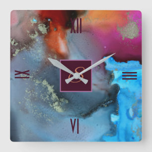 Horloge Carrée Monograme de Blue Red Orange Abstract Waves