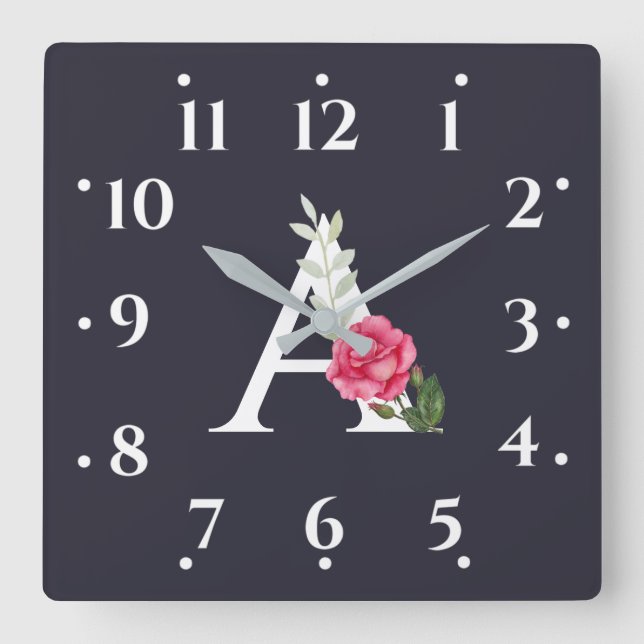 Horloge Carrée Monogramme A en rose blanc et feuilles grises (Recto)
