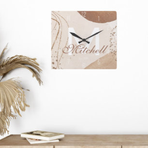 Horloge Carrée Monogramme Abstrait Personnalisé Moderne