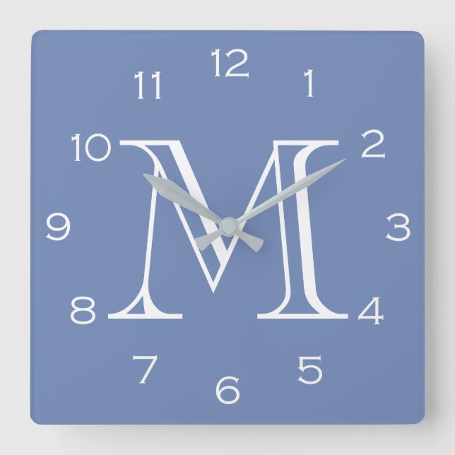 Horloge Carrée Monogramme blanc chiffres sur bleu wccn (Recto)
