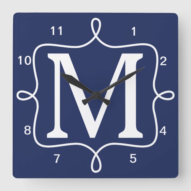 Horloge Carrée Monogramme bleu marine chic (Recto)
