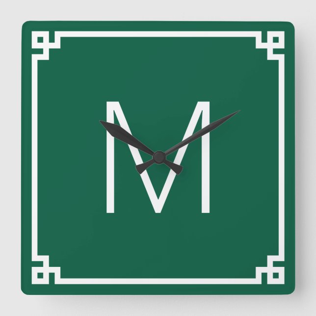 Horloge Carrée Monogramme de bordure clé grecque verte et blanche (Recto)
