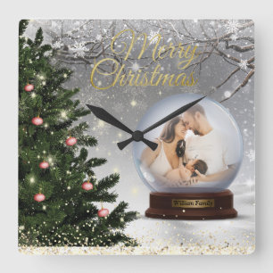 Horloge Carrée Monogramme de boule de neige Nom Famille