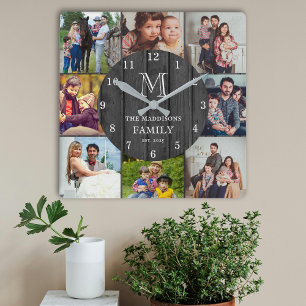 Horloge Carrée Monogramme de famille en bois rustique noir 8 coll